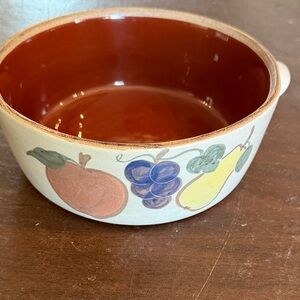 Vintage Hand Painted stoneware fruit bowl 8” double handle casserole